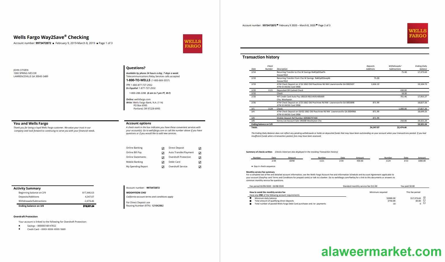 USA Wells Fargo bank statement 3 pages